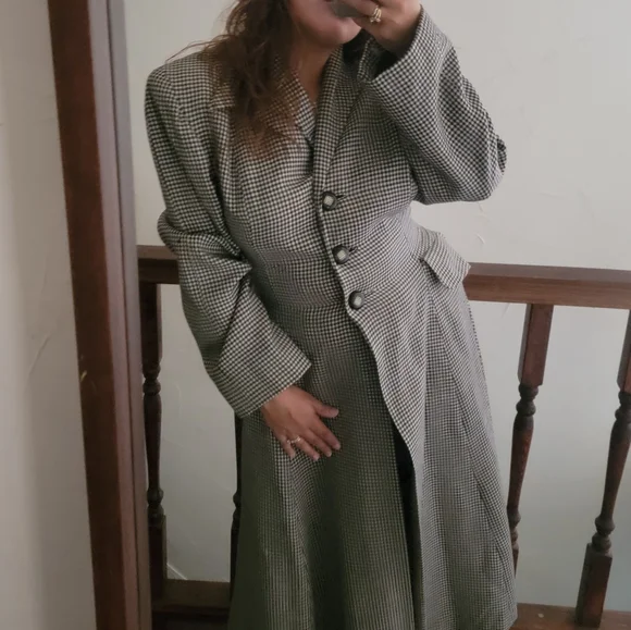 VINTAGE Micro Houndstooth Wool Long Riding Trench Coat Womens S/M Black ivory - Picture 3 of 14